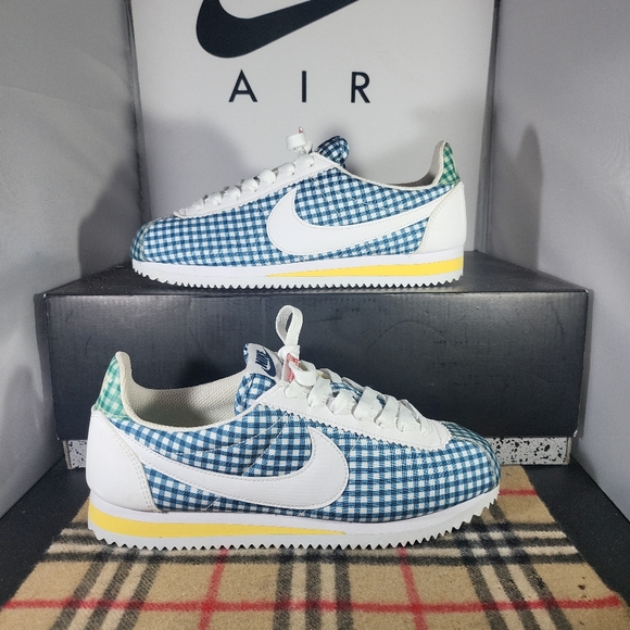 Size 8.5- Nike Classic Cortez QS Womens White Blue Plaid BV4890-101 Sneakers. FI - Picture 7 of 12